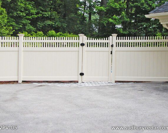 Custom white vinyl privacy fence with matching decorative gate and lattice-top accents installed in Massachusetts, designed to provide secure backyard privacy with a clean, elegant low-maintenance finish.