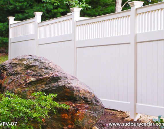 White vinyl board fence with decorative topper in MetroWest MA.