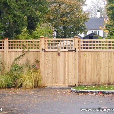 Attractive Cedar Board Gate With Lattice Top by Sudbury Cedar Fence Co in Wayland, MA