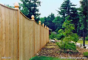 Scalloped cedar privacy fence with vertical boards and landscaped surroundings in Acton, MA