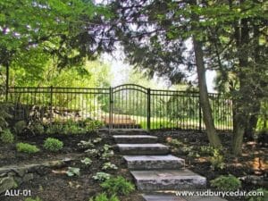Aluminum Fence with Curved gate fence installation by Sudbury Cedar Fence Company, Sudbury MA