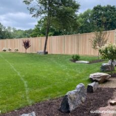 Cedar privacy fence enclosing backyard in Bolton MA with landscaped lawn and trees