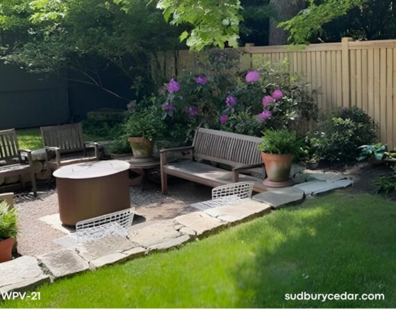 cedar privacy fence surrounding backyard patio and seating area in concord massachusetts
