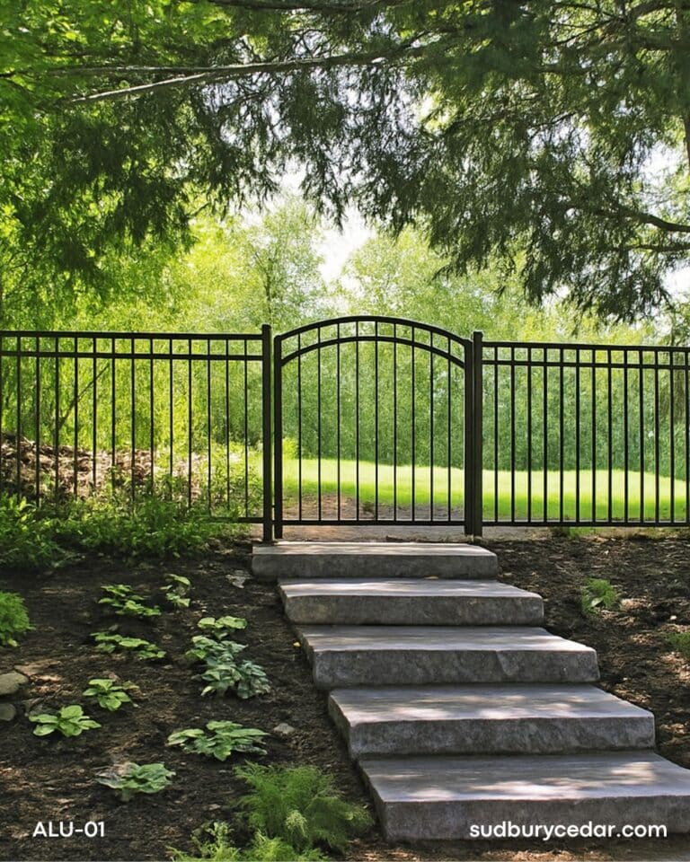 Black ornamental aluminum fence with decorative finials enclosing a landscaped residential property in Weston, Massachusetts