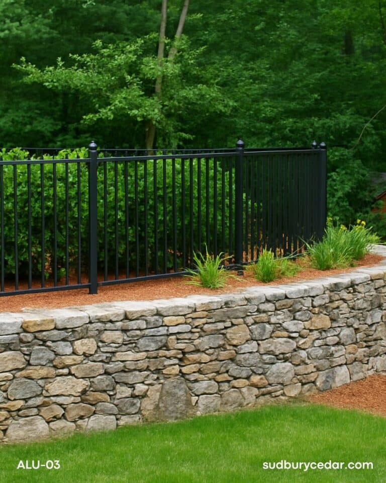 Black ornamental aluminum fence surrounding a landscaped residential backyard with decorative gate and curved top detail, Wayland MA