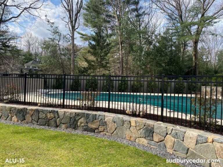 Black aluminum pool fence surrounding an in-ground swimming pool with decorative ornamental pickets and open backyard visibility.