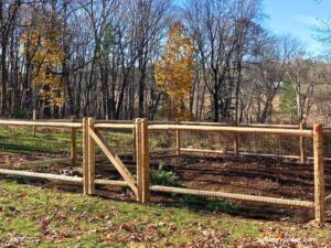 Cedar post and wire garden fence with gate surrounding a raised vegetable garden in a wooded Massachusetts backyard
