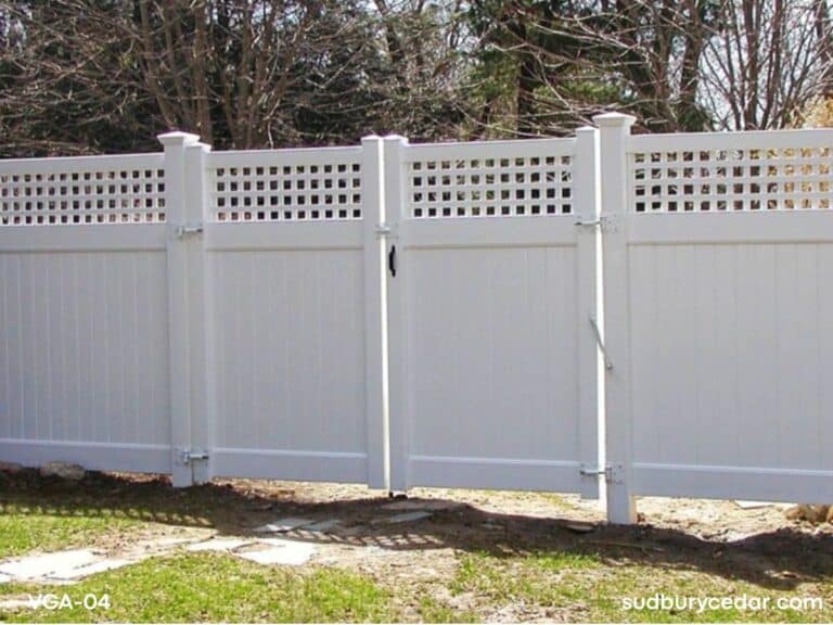 White vinyl gate with decorative lattice top installed in MetroWest Massachusetts