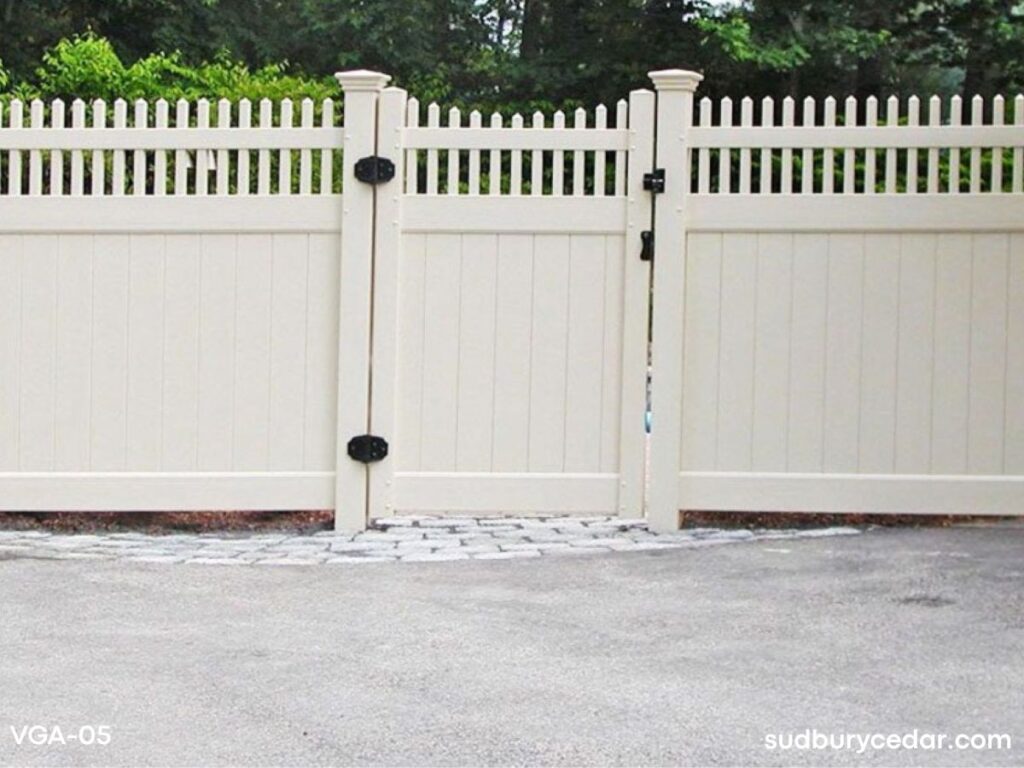 Decorative vinyl spindle top gate with black hardware installed in Metrowest Massachusetts