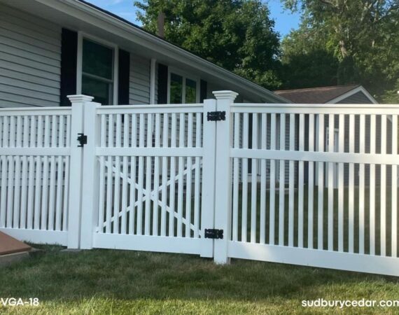 White vinyl walk gate with black hardware in Hudson, MA