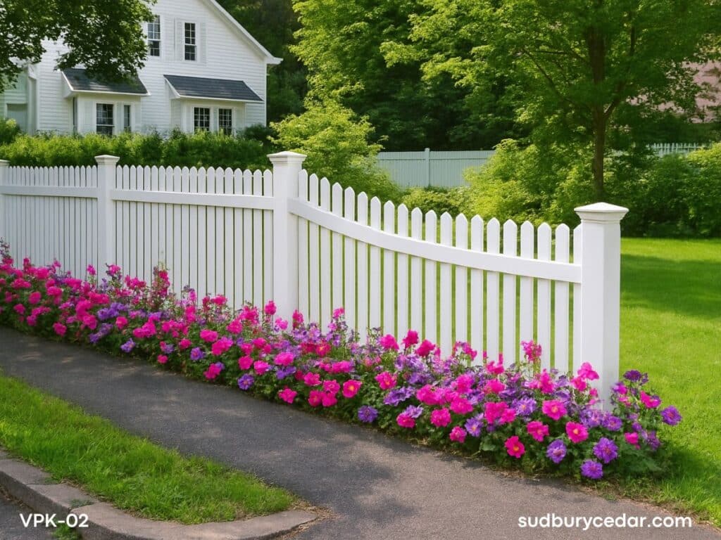 White vinyl picket fence with curved transition in Wellesley, MA.