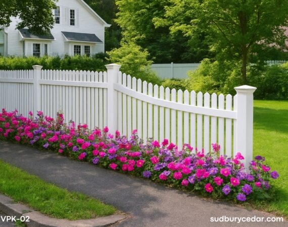 White vinyl picket fence with curved transition in Wellesley, MA.