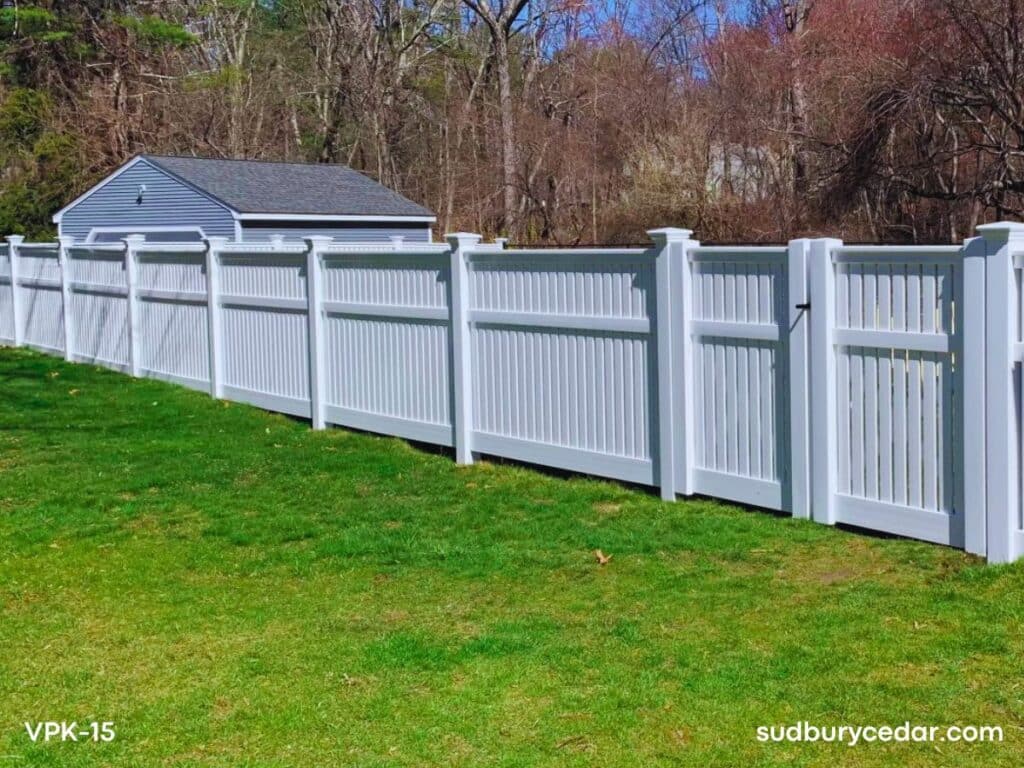 White vinyl picket fence and gate installed in Sudbury, MA