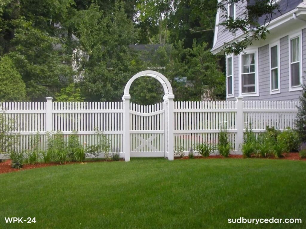 White picket fence wtih arbor and matching gate in MetroWest Massachusetts