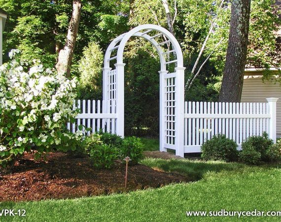Vinyl Cohasset fpicket fence with arbor-Weston MA.