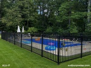 Black ornamental aluminum fence enclosing a residential swimming pool with open sightlines and decorative finial accents