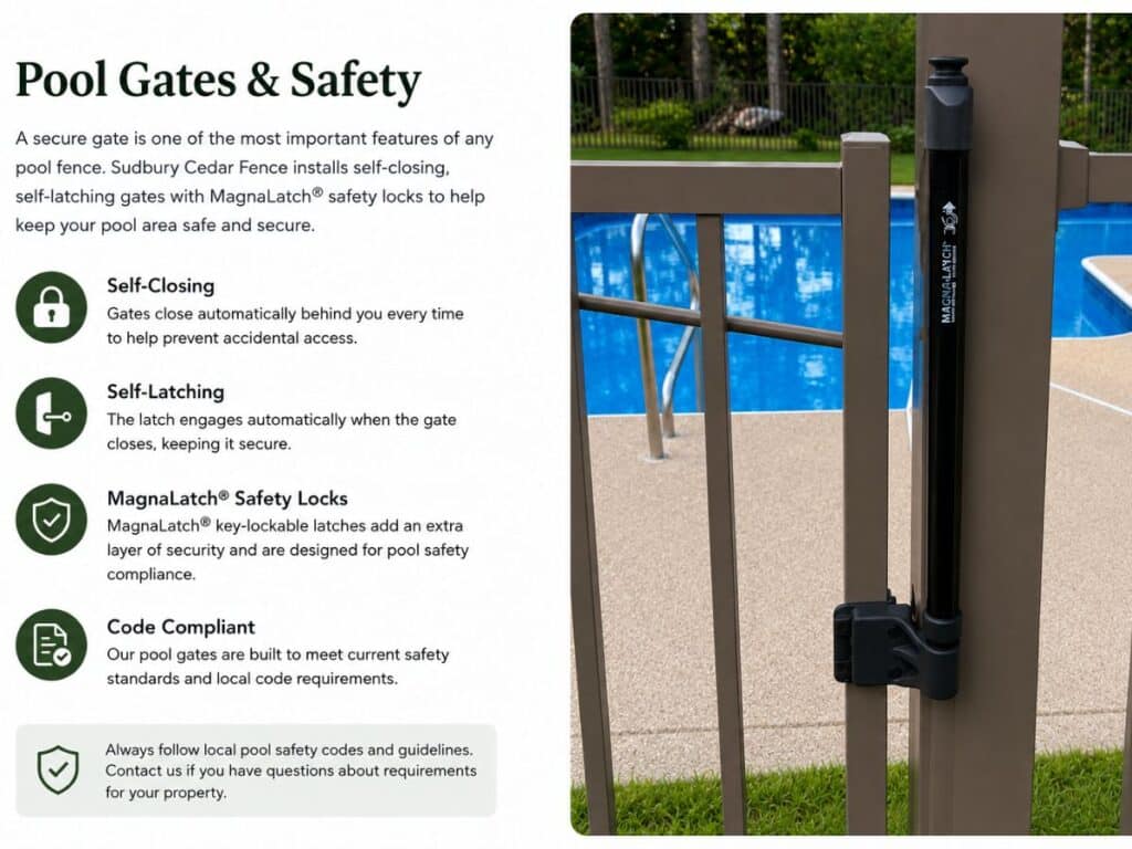 Pool gate closeup with Magna Latch in Hudson, MA.