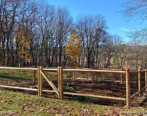 Cedar post and wire garden fence-Lincoln. MA