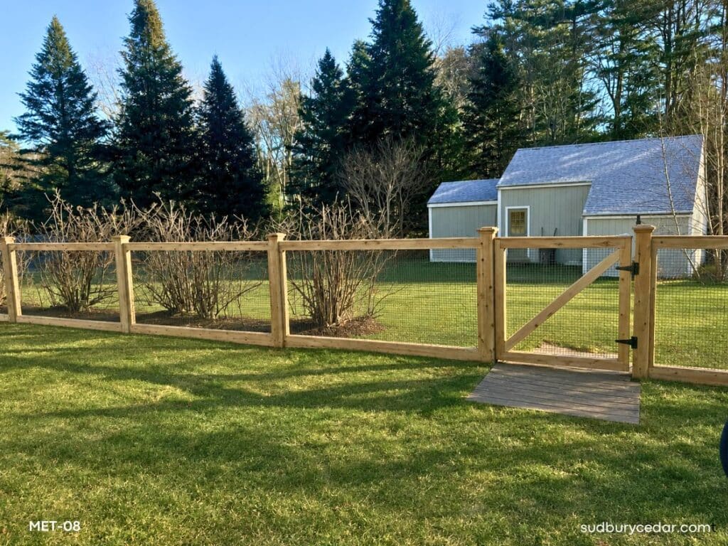 Cedar framed wire fence and gate in Boxborough, MA.