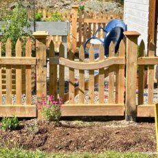 Garden fence of cedar picket and matching garden gate-Weston, MA