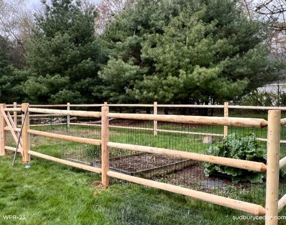 Garden fence of cedar post and rail with wire -MetroWest MA.