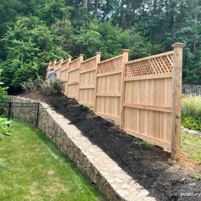Decorative Cedar Board fence with lattice top, Wayland, Massachusetts