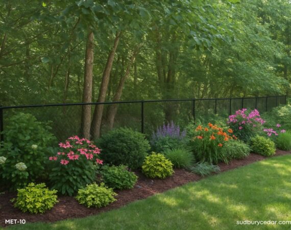 Black chain link backyard fence landscaped yard in Sudbury MA.