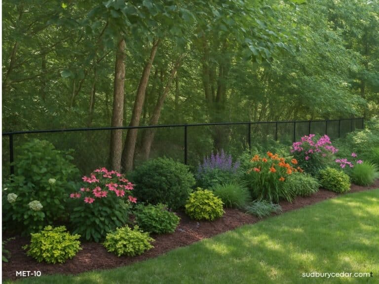 Black chain link backyard fence landscaped yard in Sudbury MA.