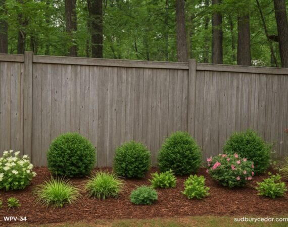 Weathered northern white cedar privacy fence in wooded Massachusetts landscape showing long-term durability and natural aging after decades of exposure to New England weather.